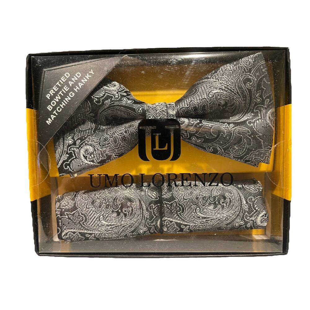 Umo Lorenzo Pre-Tied bowtie and Matching Hanky Set- Black